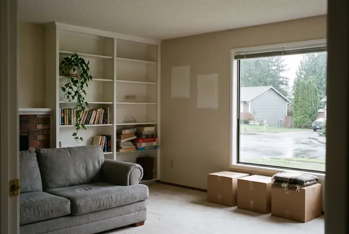 Illustration: a living room with a half-emptied bookshelf and taped boxes by a rainy window