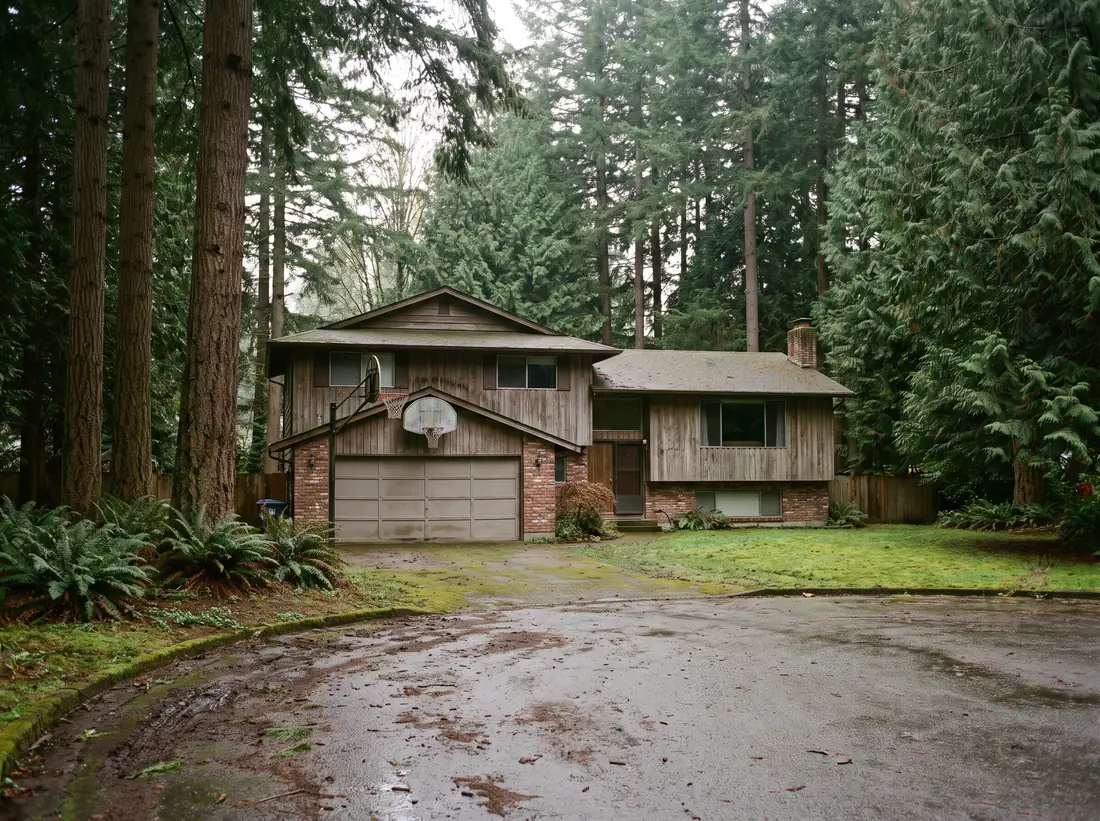 Illustration: a split-level house on a wooded lot north of Everett