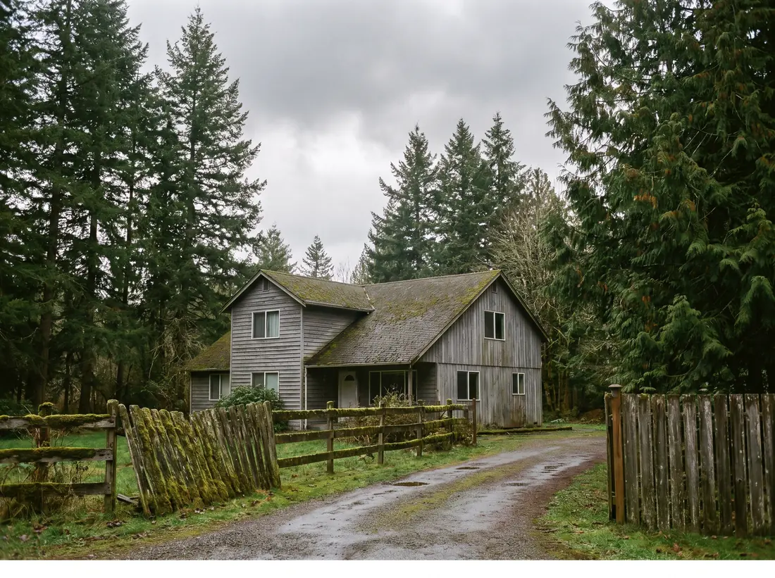 Illustration: a two-story house under tall firs near Olympia