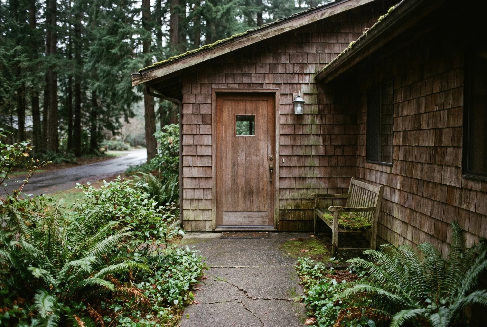 Illustration: the front entry of a cedar-shingled house with ferns along the walk